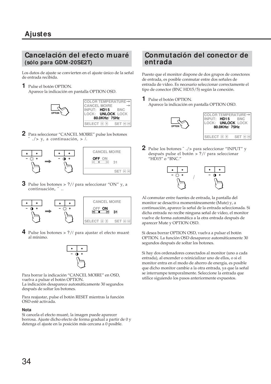 Sony GDM-17SE2T manual Ajustes Cancelación del efecto muaré, Conmutación del conector de entrada 