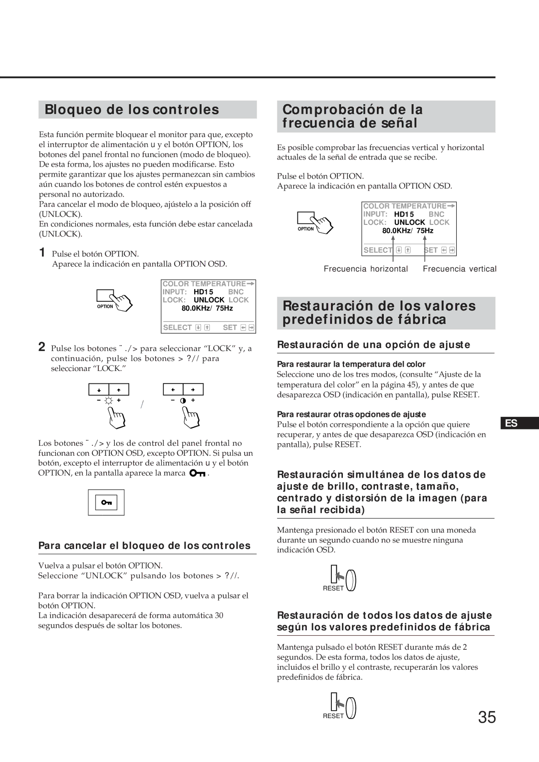 Sony GDM-17SE2T Bloqueo de los controles, Comprobación de la frecuencia de señal, Para restaurar la temperatura del color 