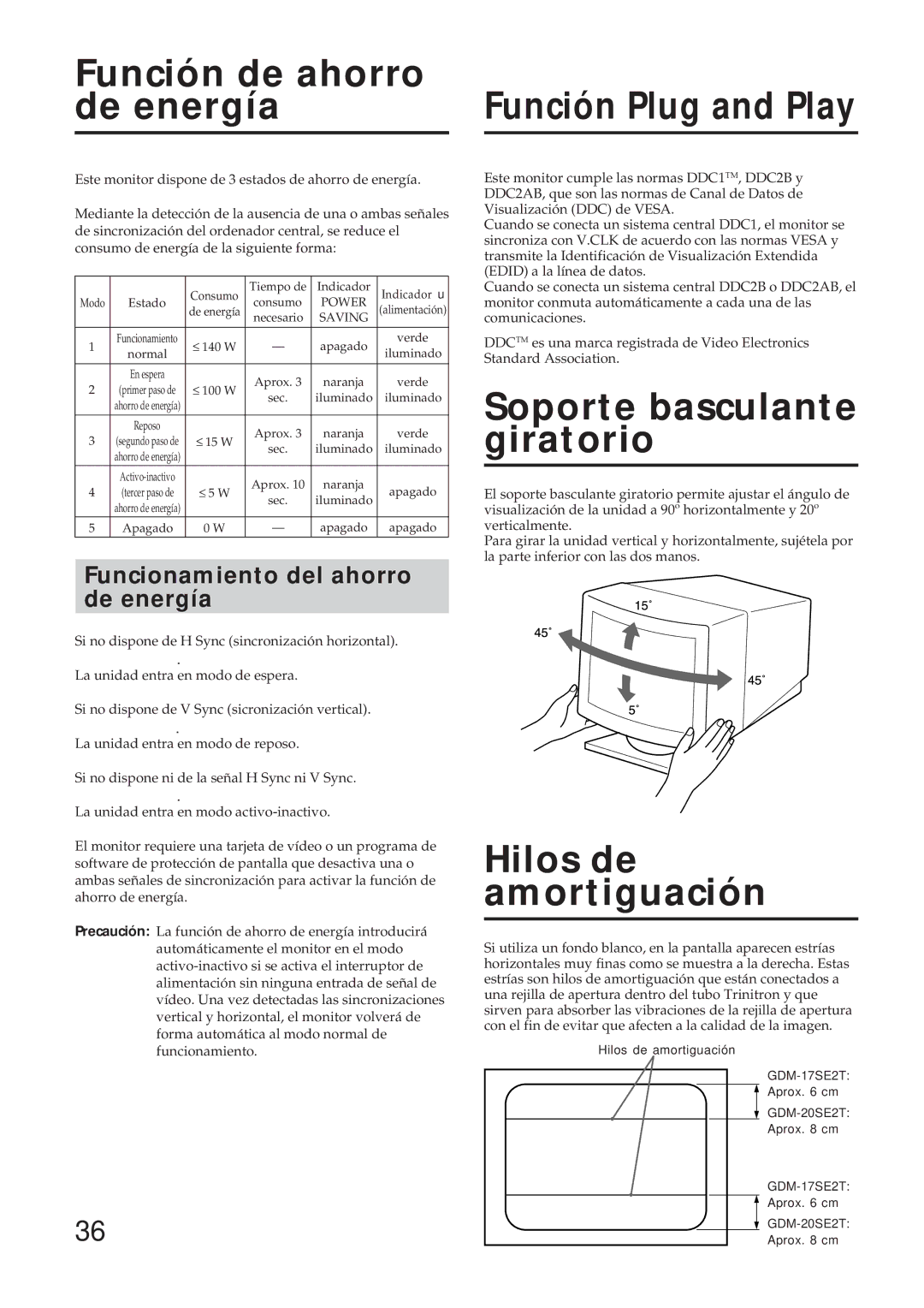 Sony GDM-17SE2T manual Función de ahorro, De energía, Soporte basculante giratorio, Hilos de amortiguación 