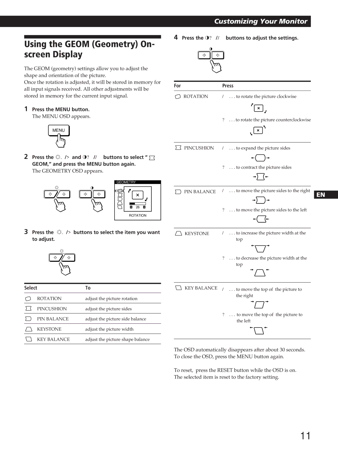 Sony GDM-200PST manual Using the Geom Geometry On- screen Display, Press the ?//buttons to adjust the settings ForPress 