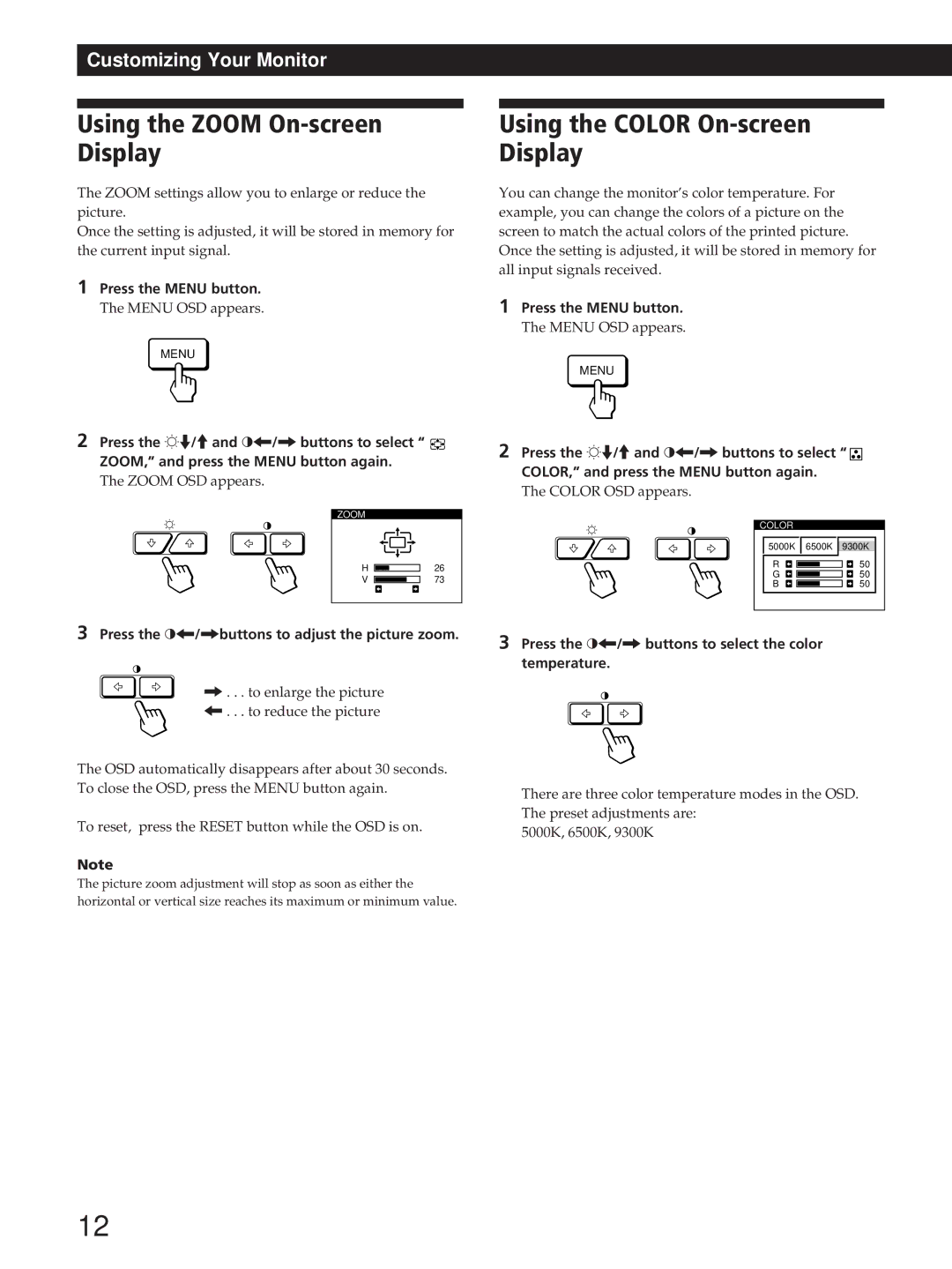 Sony GDM-200PST manual Using the Zoom On-screen Display, Using the Color On-screen Display 