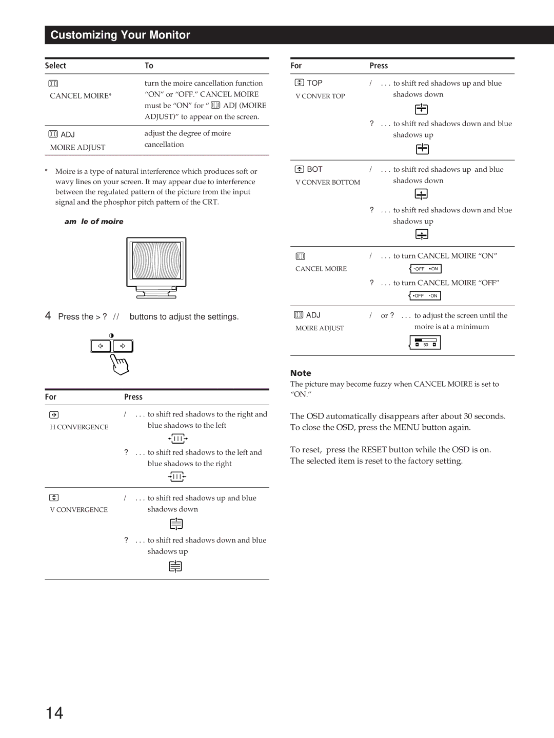 Sony GDM-200PST manual SelectTo, Press the ?//buttons to adjust the settings For, For Press, Moire Adjust 