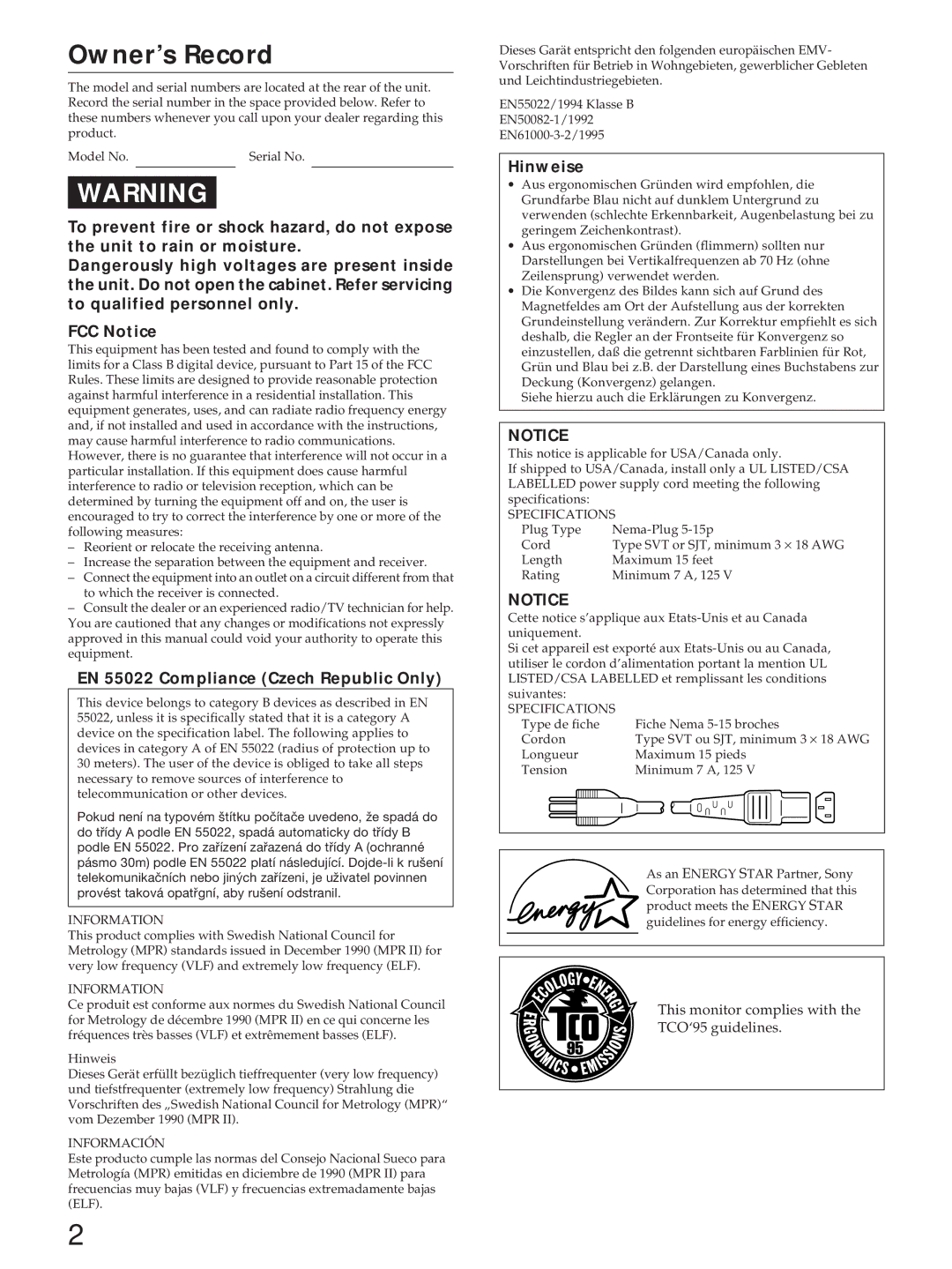 Sony GDM-200PST manual Owner’s Record, EN 55022 Compliance Czech Republic Only, Hinweise 