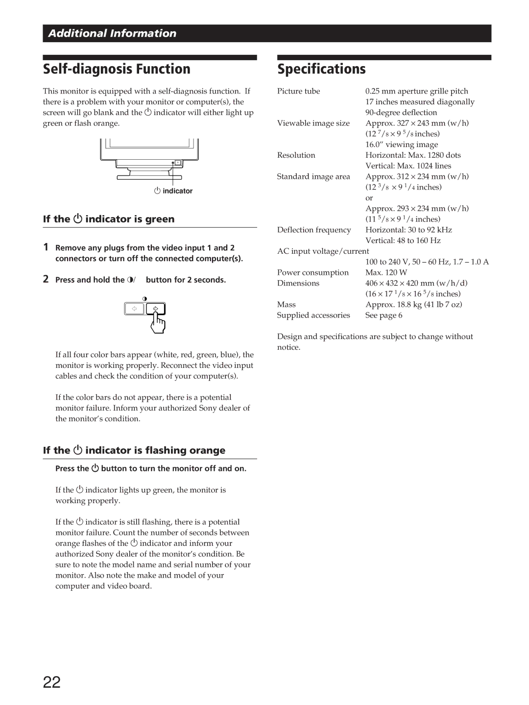 Sony GDM-200PST manual Self-diagnosis Function, Specifications, If the u indicator is green 