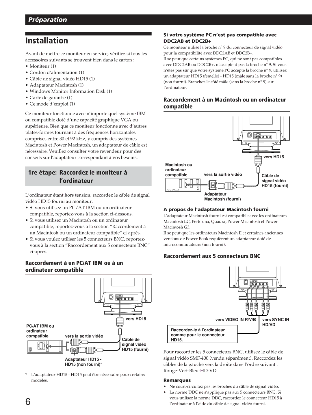 Sony GDM-200PST manual Installation, 1re étape Raccordez le moniteur à ’ordinateur, Raccordement aux 5 connecteurs BNC 