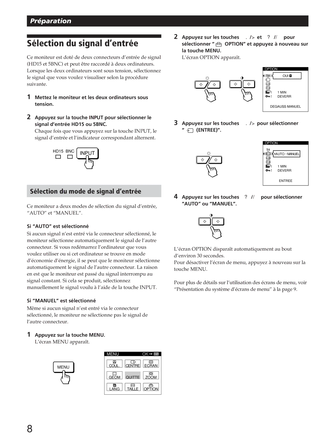 Sony GDM-200PST manual Sélection du signal d’entrée, Sélection du mode de signal d’entrée, Entree 