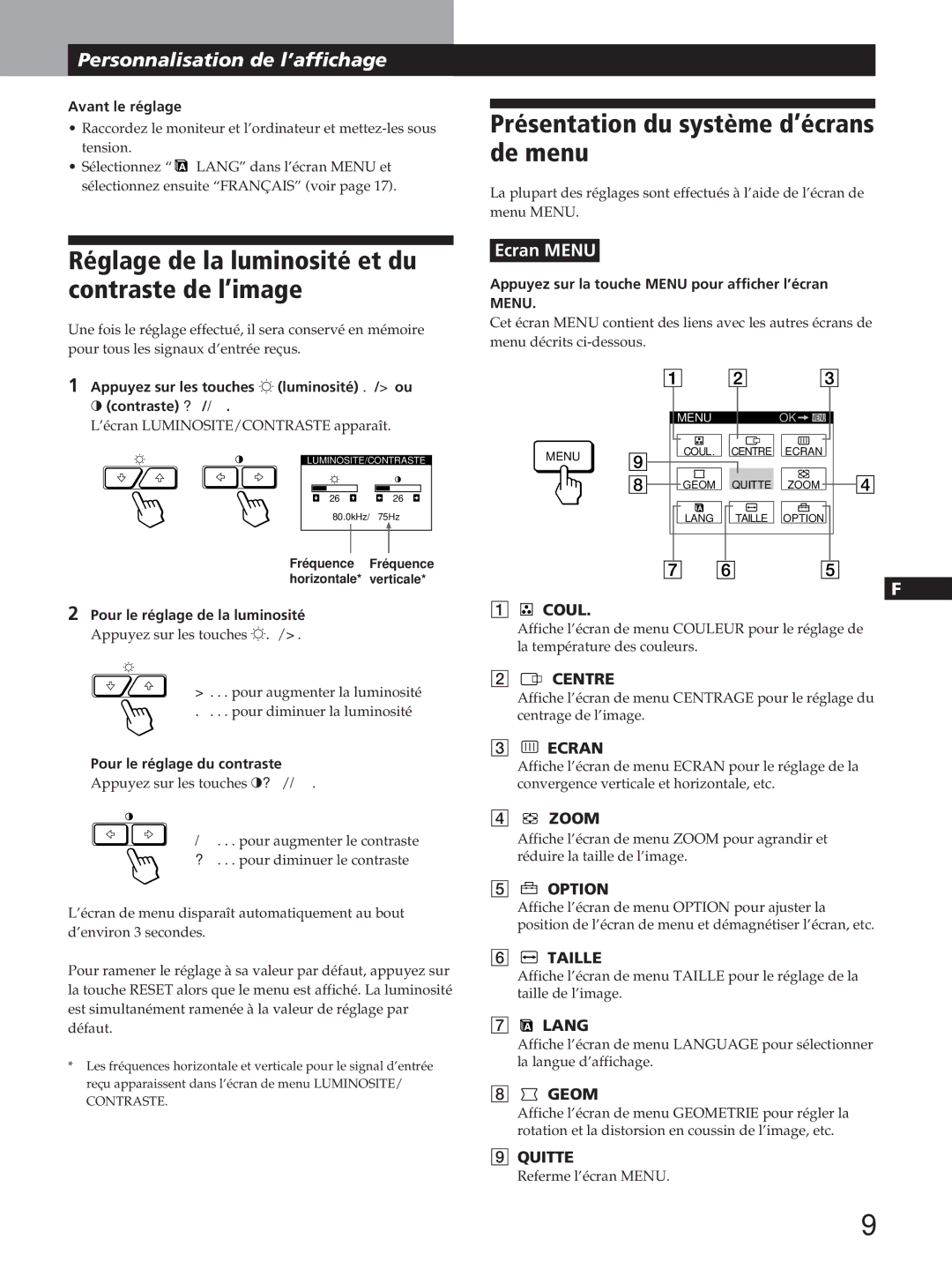 Sony GDM-200PST Présentation du système d’écrans de menu, Réglage de la luminosité et du contraste de l’image, Coul, Lang 