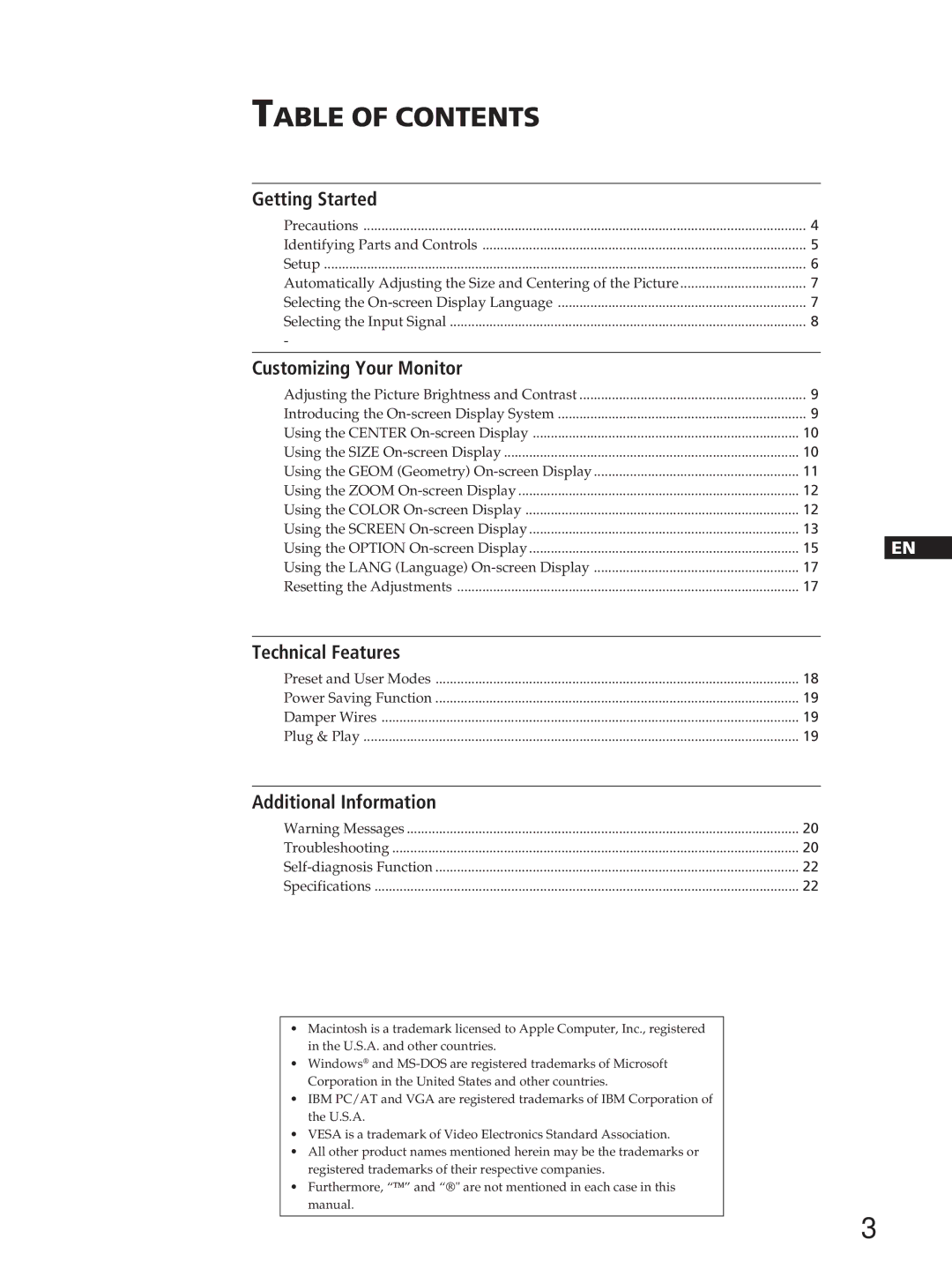 Sony GDM-200PST manual Table of Contents 