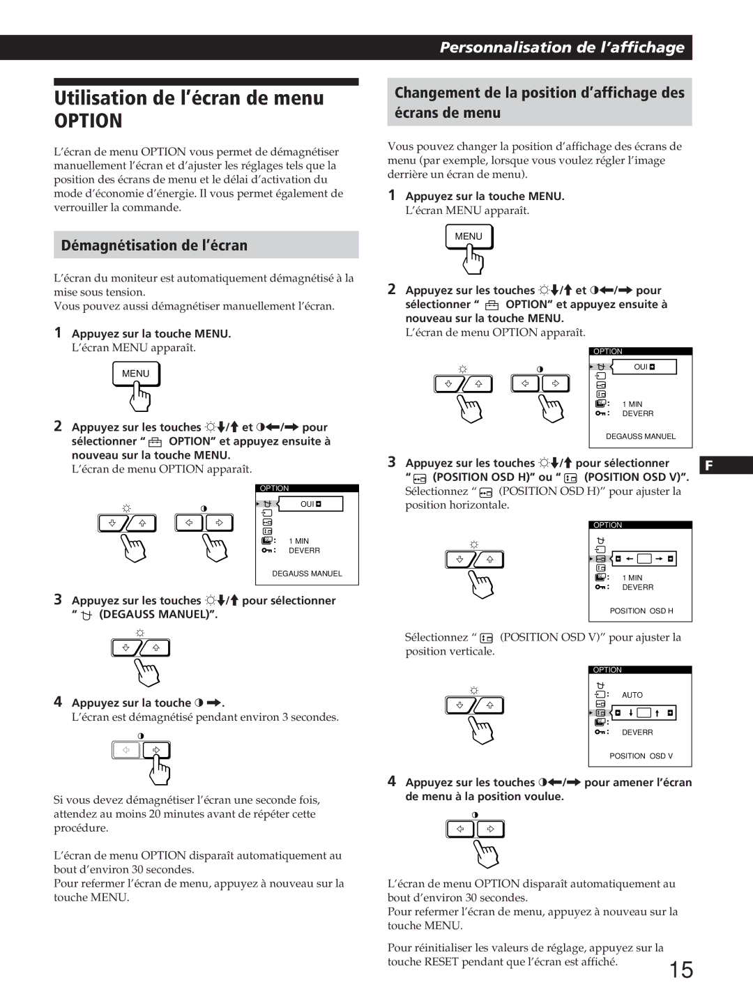 Sony GDM-200PST manual Démagnétisation de l’écran, Changement de la position d’affichage des Écrans de menu, Position OSD 