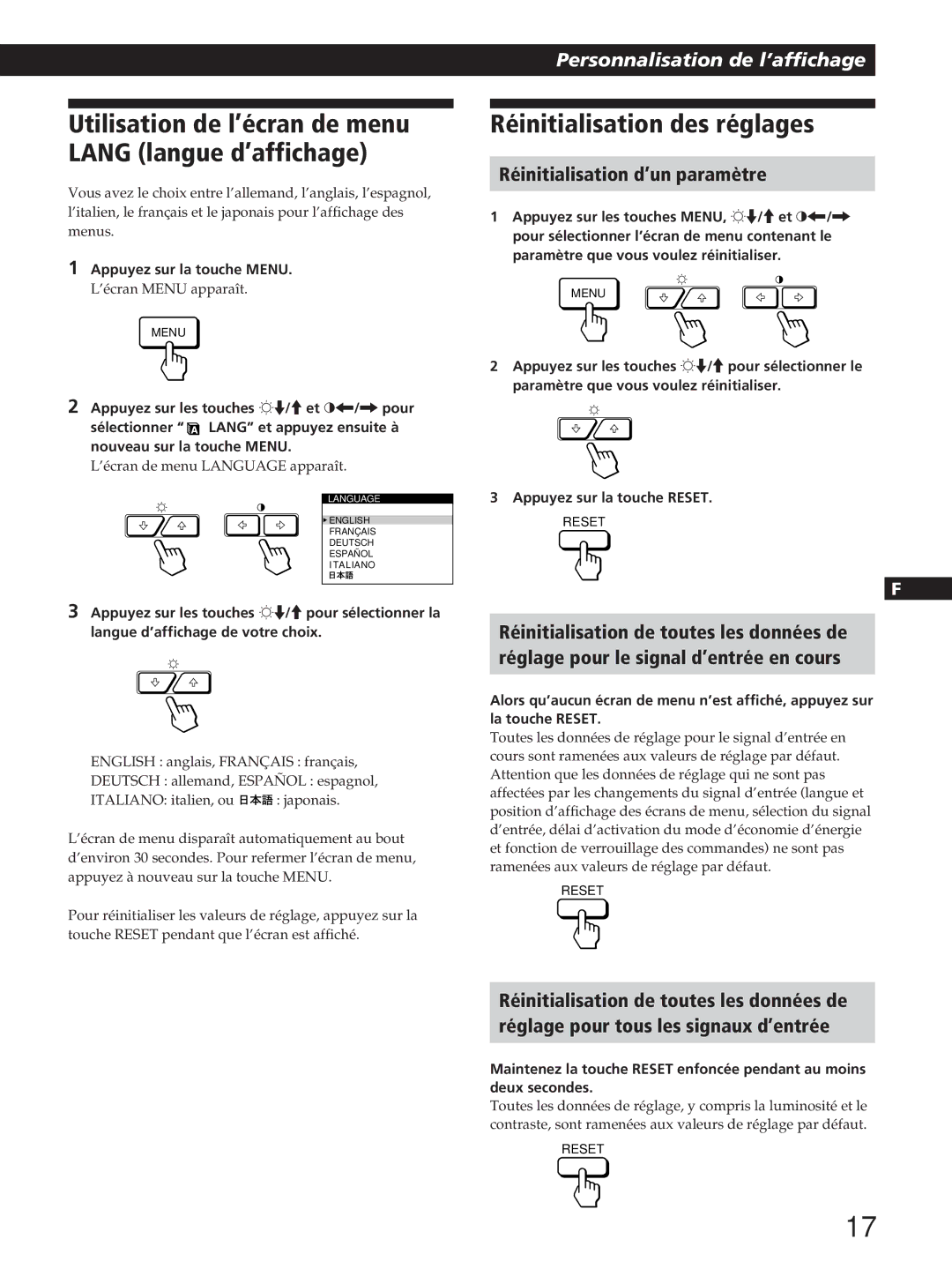 Sony GDM-200PST manual Réinitialisation des réglages, Réinitialisation d’un paramètre 