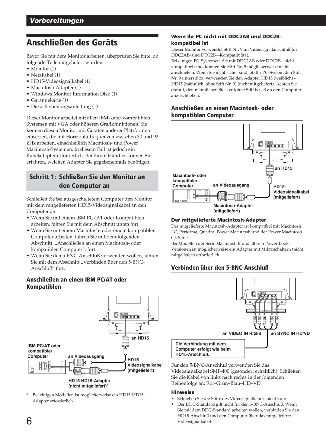 Sony GDM-200PST manual Anschließen des Geräts, Schritt 1 Schließen Sie den Monitor an Den Computer an 