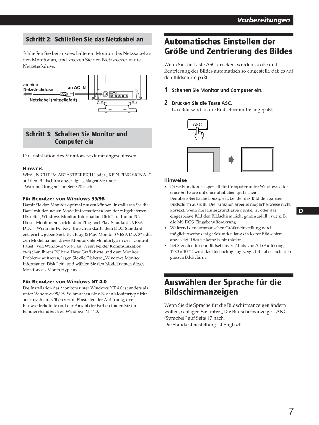 Sony GDM-200PST manual Auswählen der Sprache für die Bildschirmanzeigen, Schritt 2 Schließen Sie das Netzkabel an 