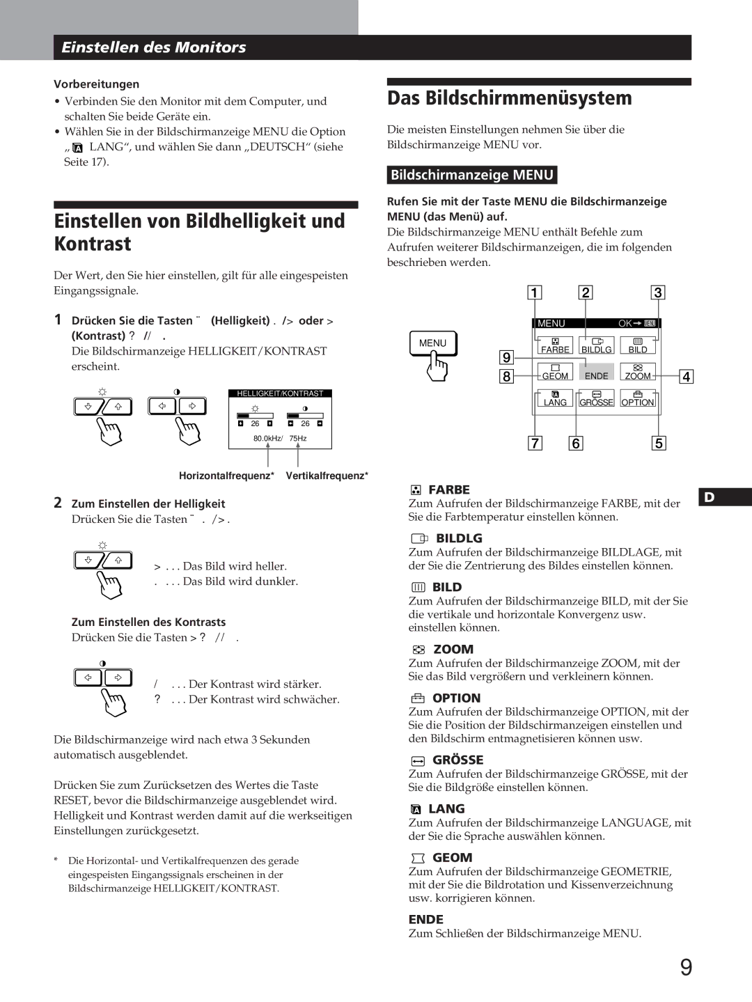 Sony GDM-200PST manual Das Bildschirmmenüsystem, Einstellen von Bildhelligkeit und Kontrast 