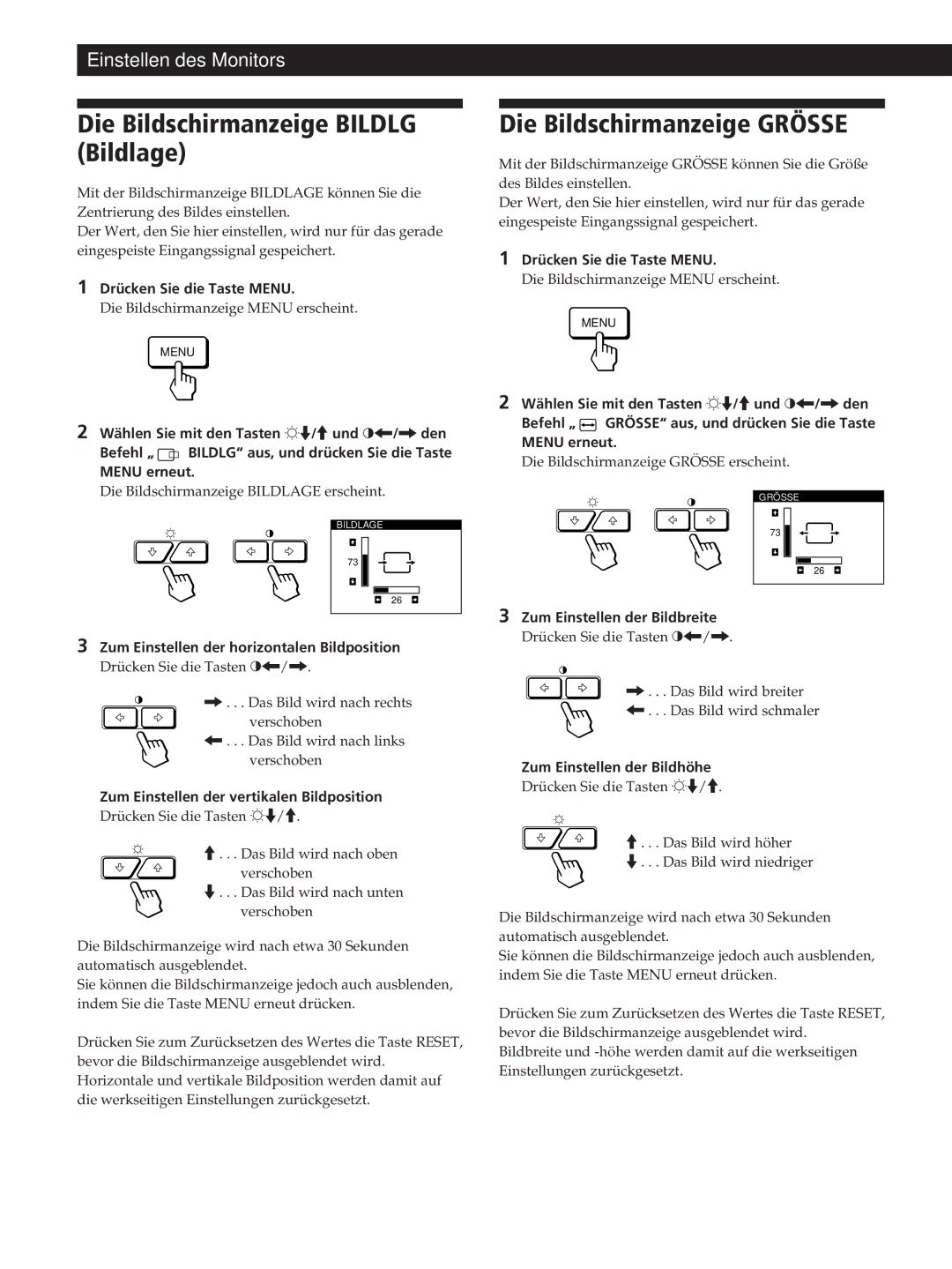 Sony GDM-200PST manual Die Bildschirmanzeige Bildlg Bildlage, Die Bildschirmanzeige Grösse 