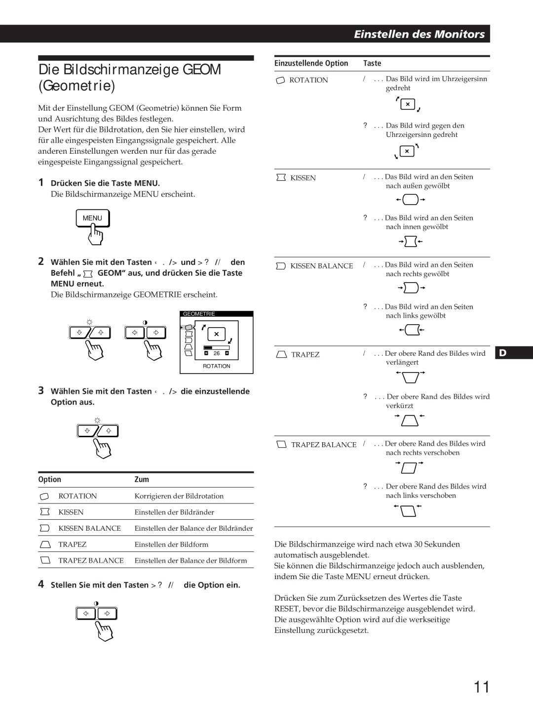 Sony GDM-200PST manual Die Bildschirmanzeige Geom Geometrie, Wählen Sie mit den Tasten ¬./die einzustellende Option aus 