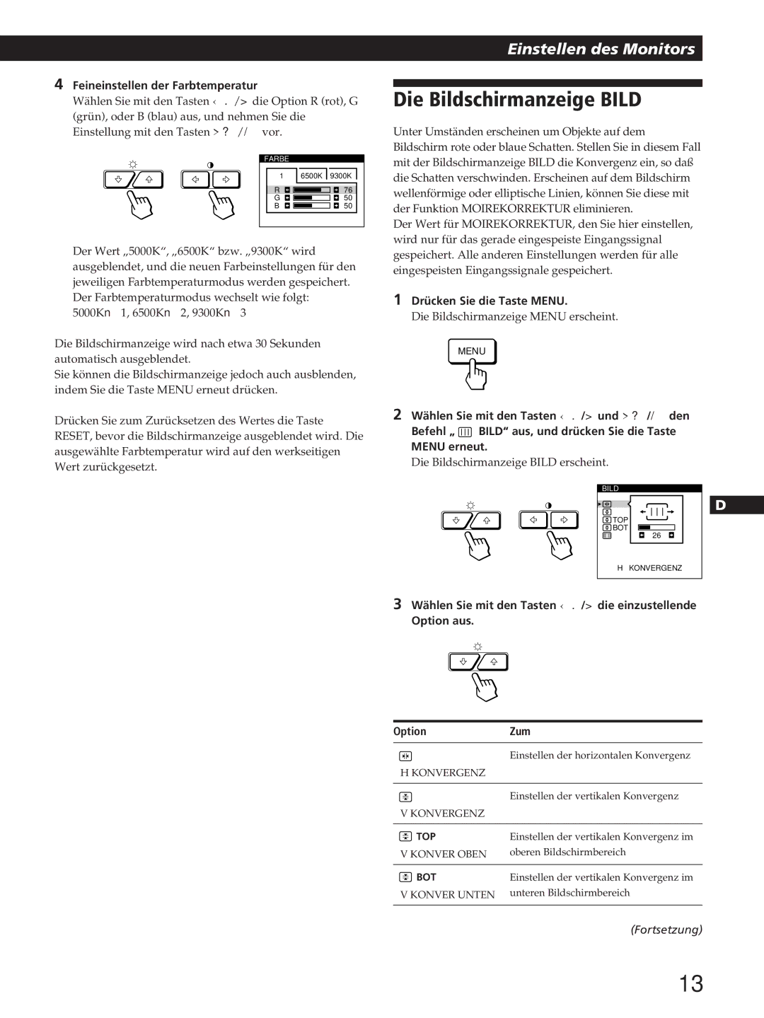 Sony GDM-200PST manual Die Bildschirmanzeige Bild, Feineinstellen der Farbtemperatur, Konvergenz, Konver Oben, Konver Unten 