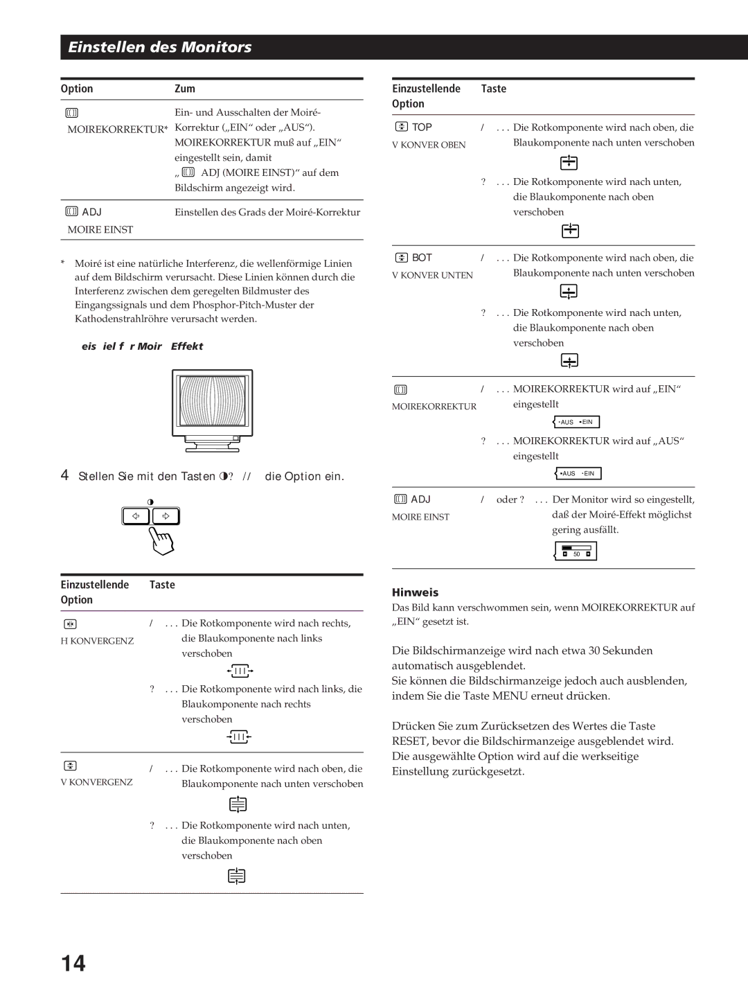 Sony GDM-200PST manual OptionZum, Stellen Sie mit den Tasten ?//die Option ein Einzustellende, Einzustellende Taste Option 