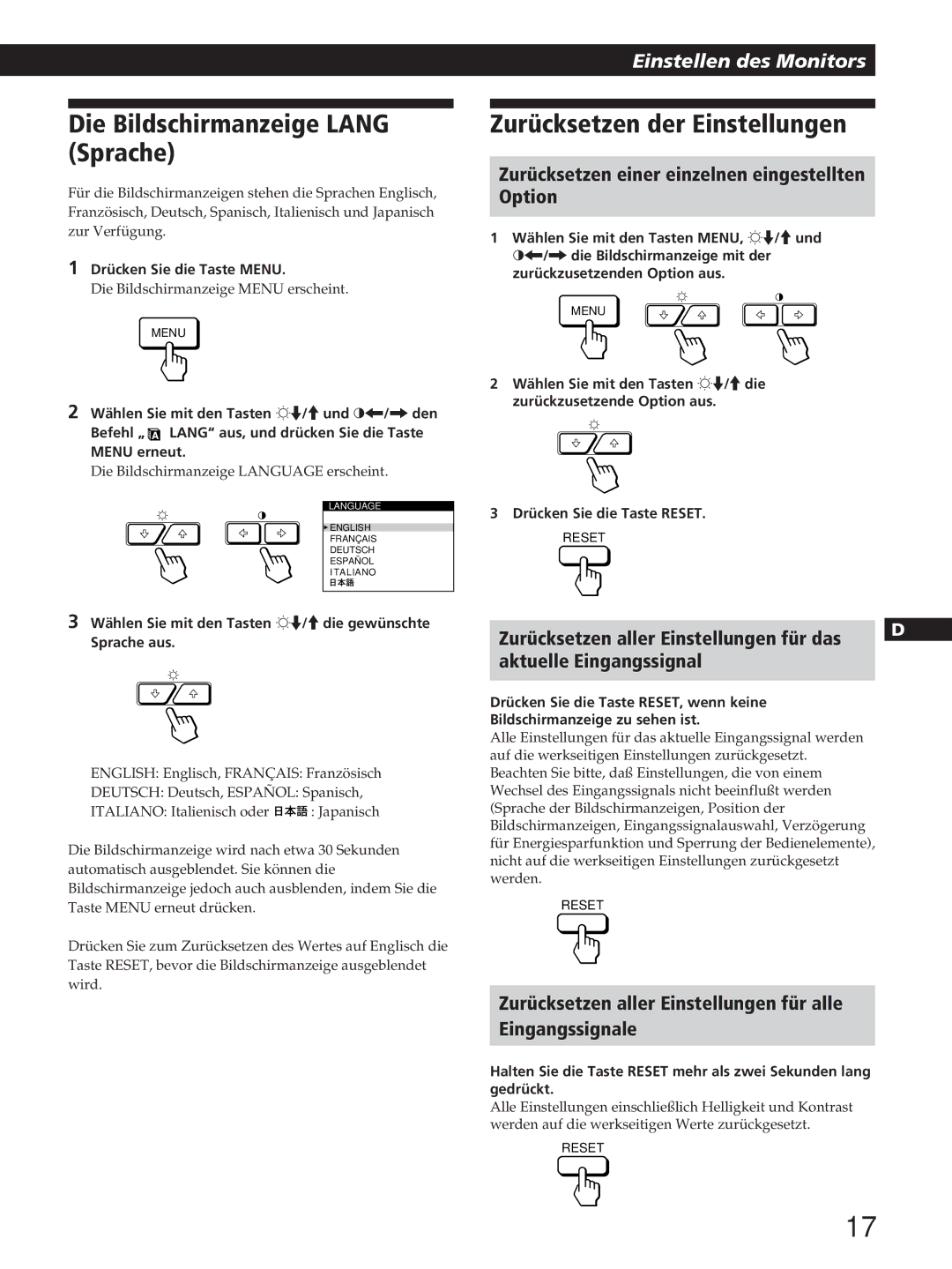 Sony GDM-200PST manual Die Bildschirmanzeige Lang Sprache, Zurücksetzen der Einstellungen 