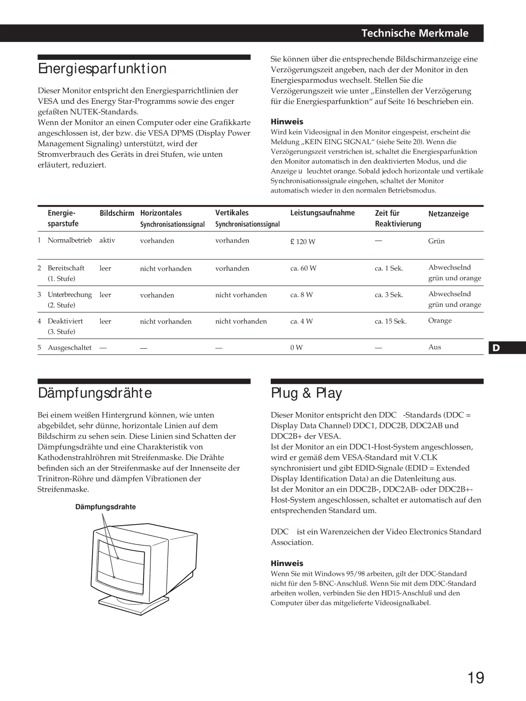 Sony GDM-200PST manual Energiesparfunktion, Dämpfungsdrähte Plug & Play, Reaktivierung 