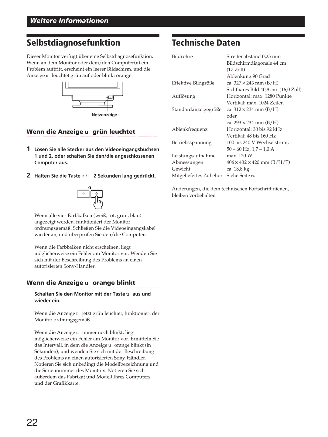 Sony GDM-200PST manual Selbstdiagnosefunktion, Technische Daten, Wenn die Anzeige u grün leuchtet 