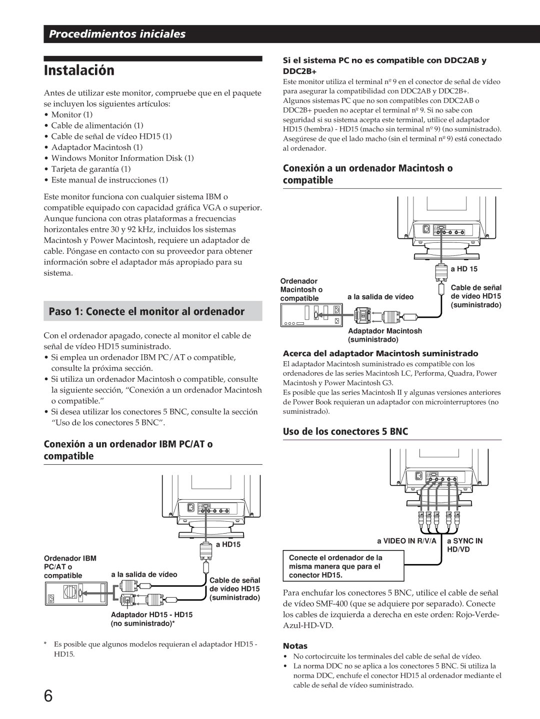 Sony GDM-200PST manual Instalación, Paso 1 Conecte el monitor al ordenador, Conexión a un ordenador Macintosh o compatible 