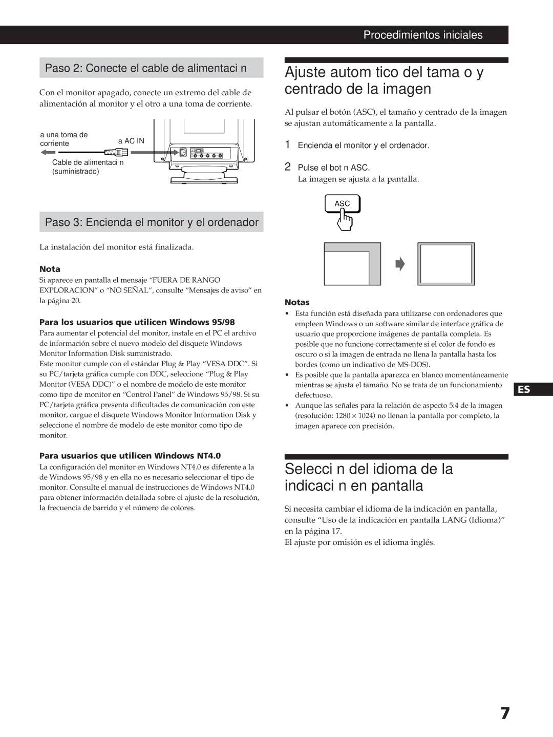 Sony GDM-200PST Ajuste automático del tamaño y centrado de la imagen, Selección del idioma de la indicación en pantalla 