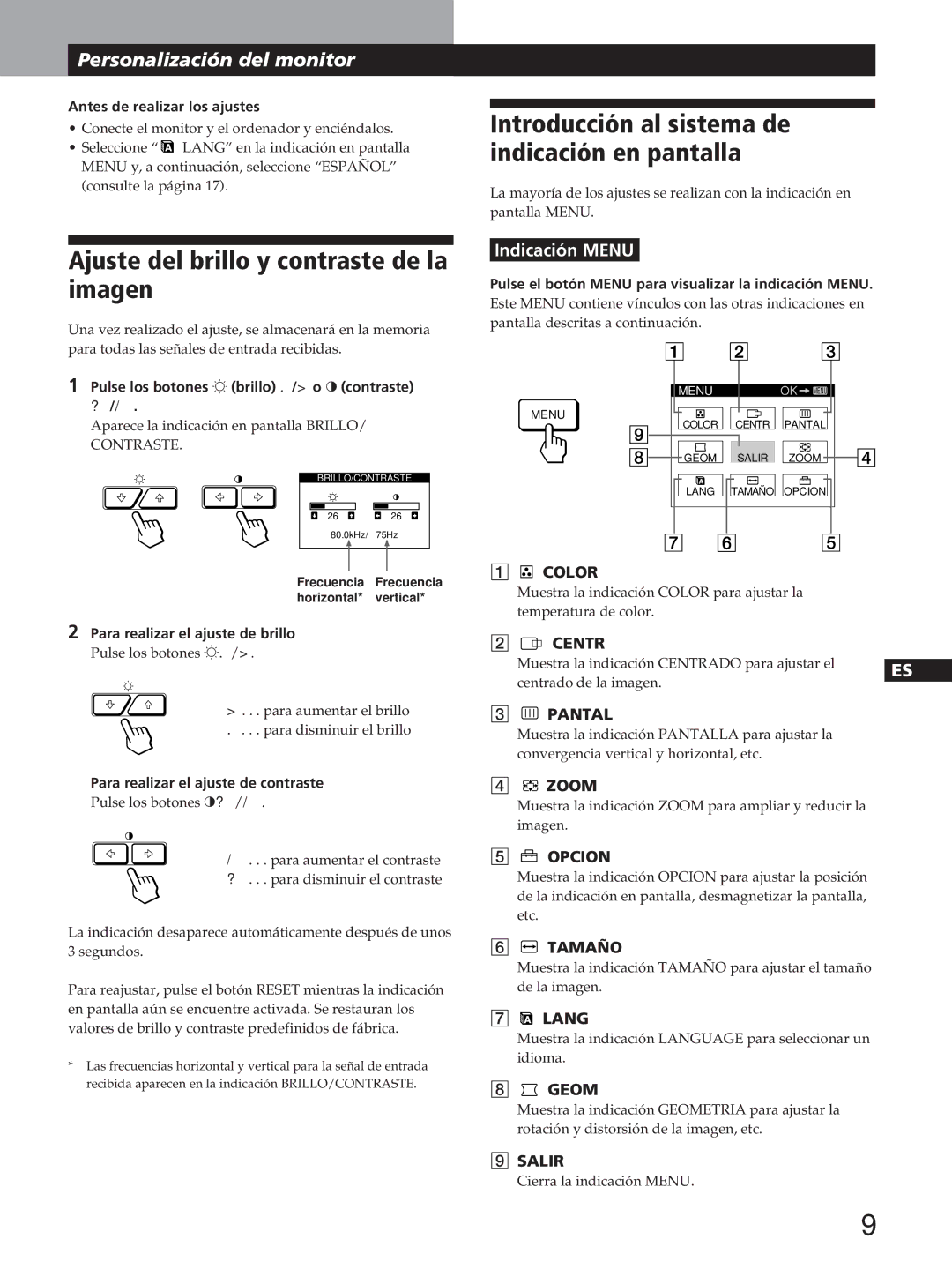 Sony GDM-200PST manual Introducción al sistema de indicación en pantalla, Ajuste del brillo y contraste de la imagen 