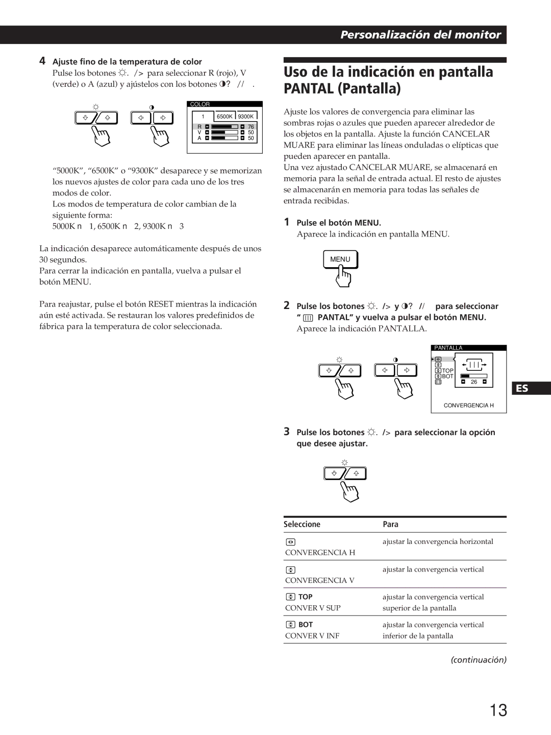 Sony GDM-200PST manual Uso de la indicación en pantalla Pantal Pantalla, Ajuste fino de la temperatura de color 