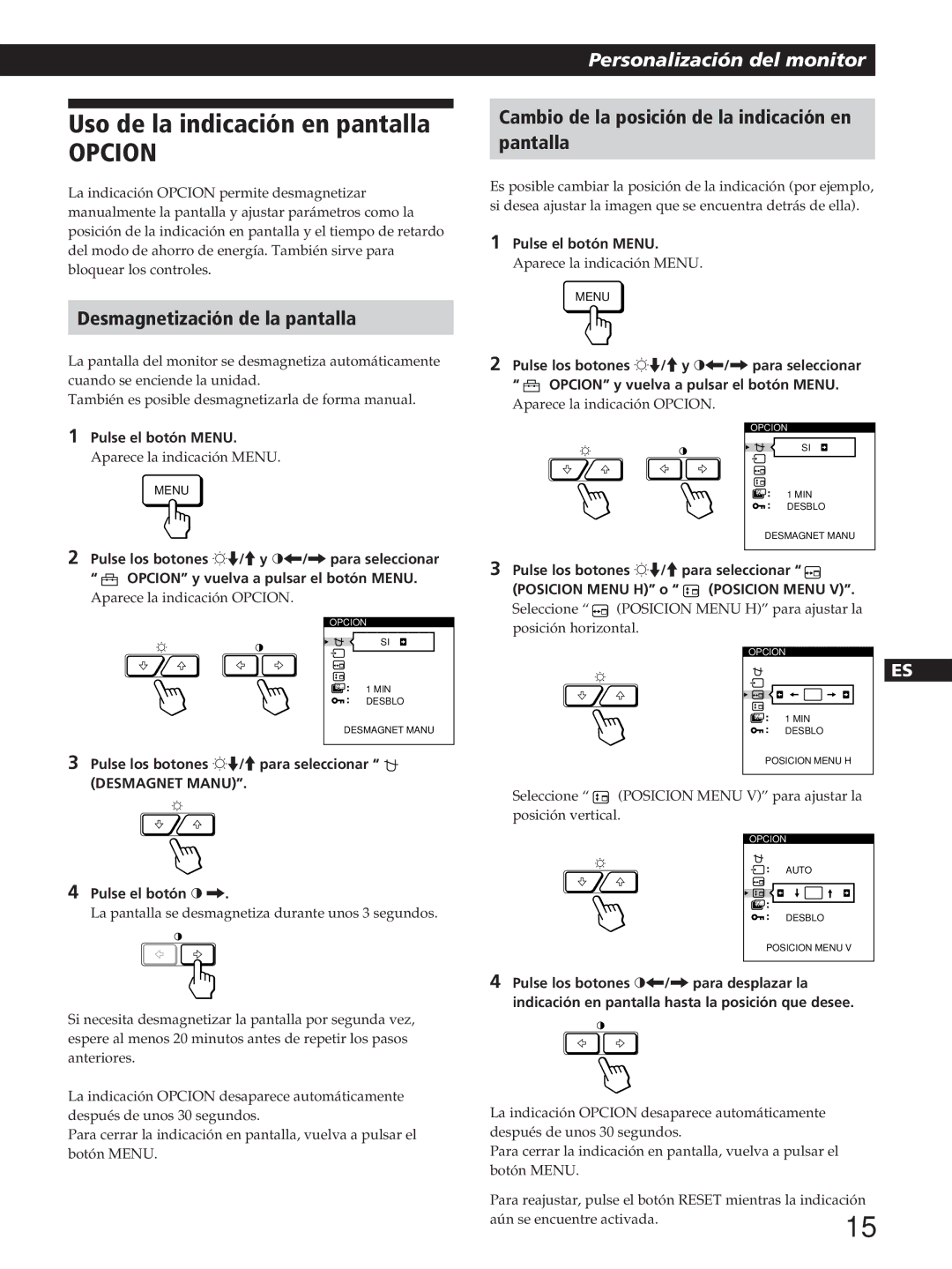 Sony GDM-200PST manual Desmagnetización de la pantalla, Cambio de la posición de la indicación en Pantalla, Posicion Menu 