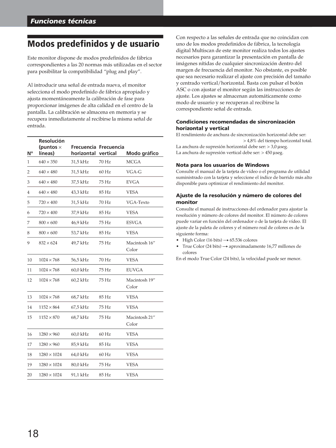 Sony GDM-200PST manual Modos predefinidos y de usuario, Nota para los usuarios de Windows 