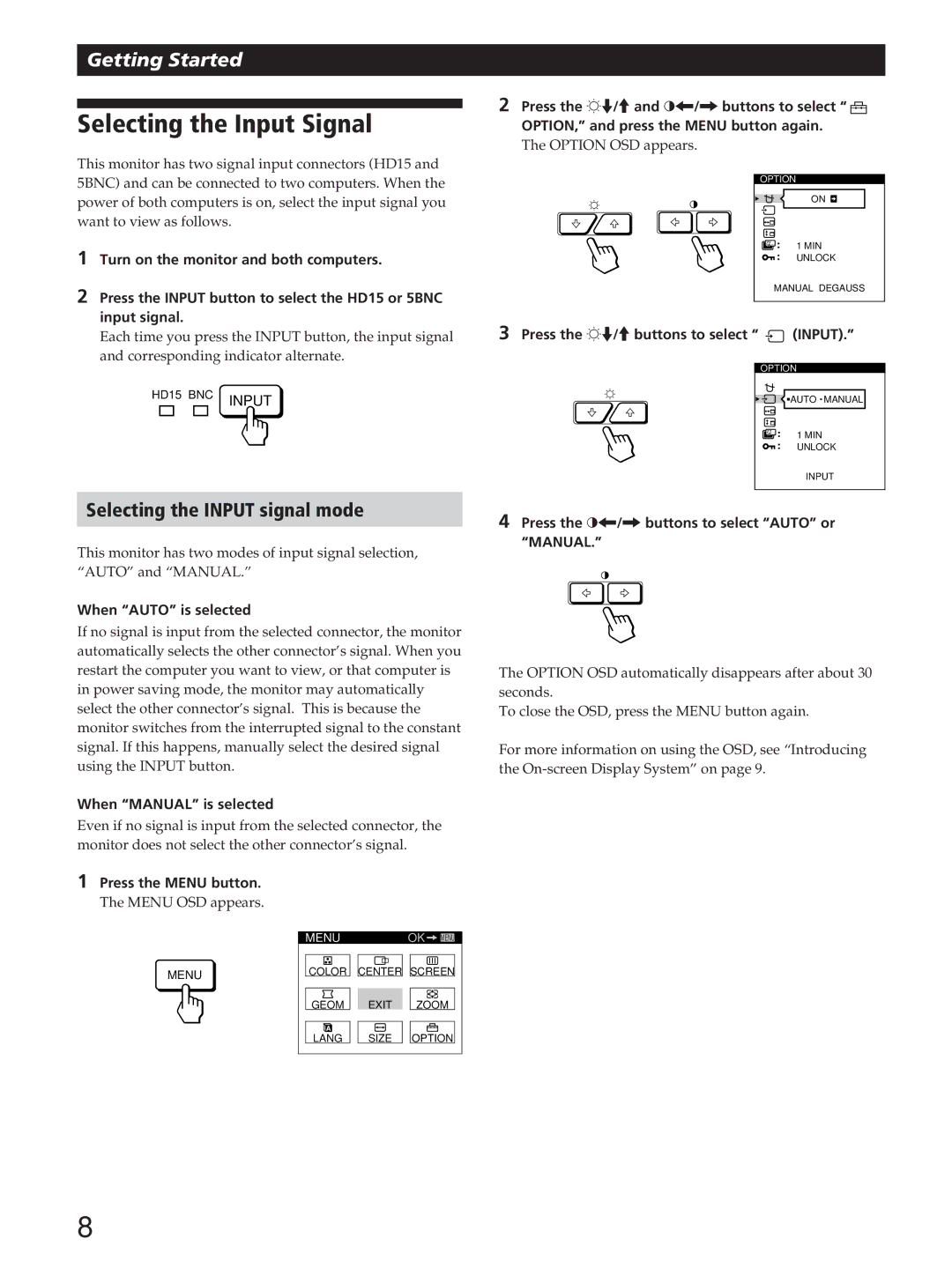 Sony GDM-200PST manual Selecting the Input Signal, Selecting the Input signal mode 