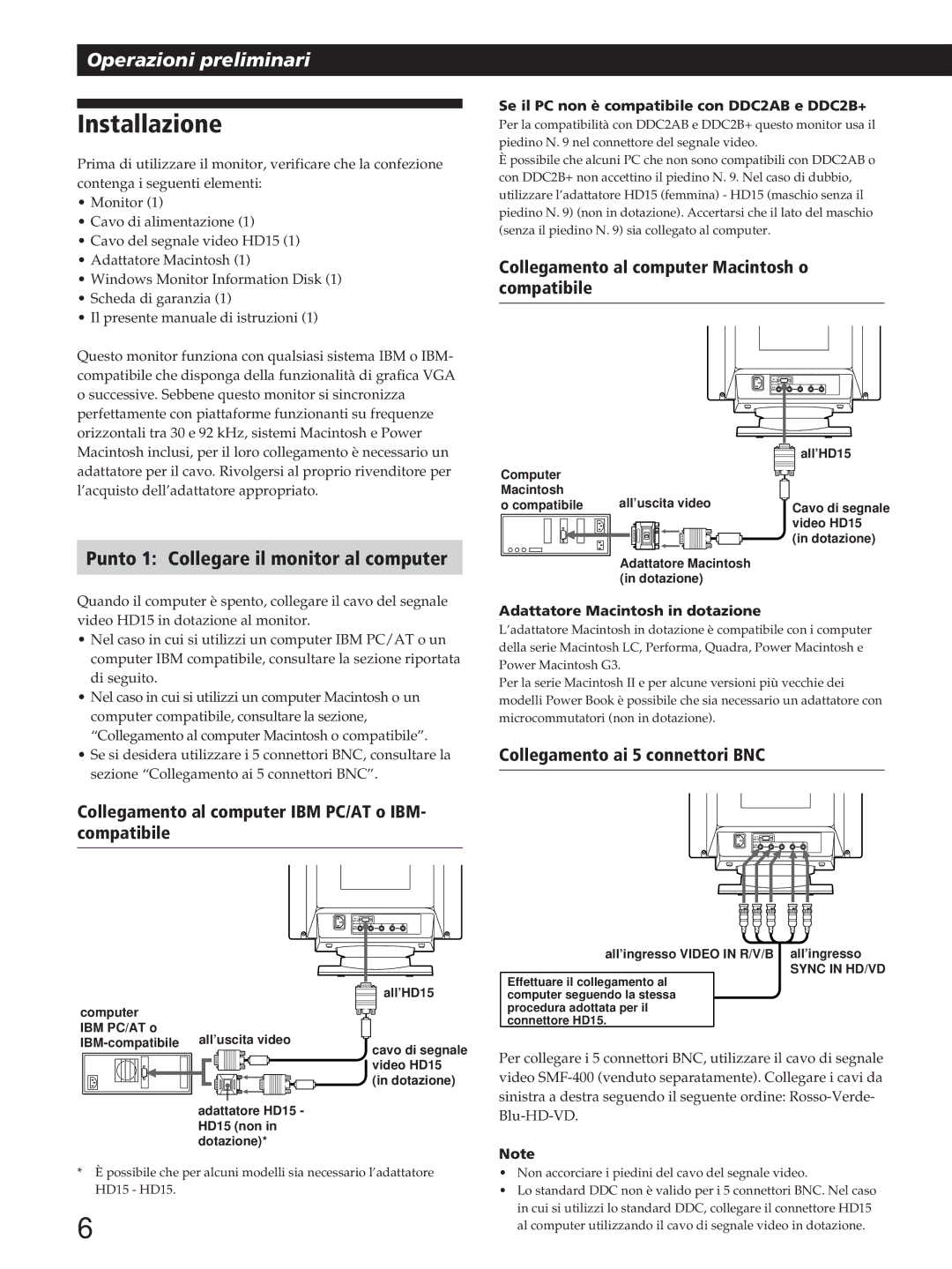 Sony GDM-200PST Installazione, Punto 1 Collegare il monitor al computer, Collegamento al computer Macintosh o compatibile 