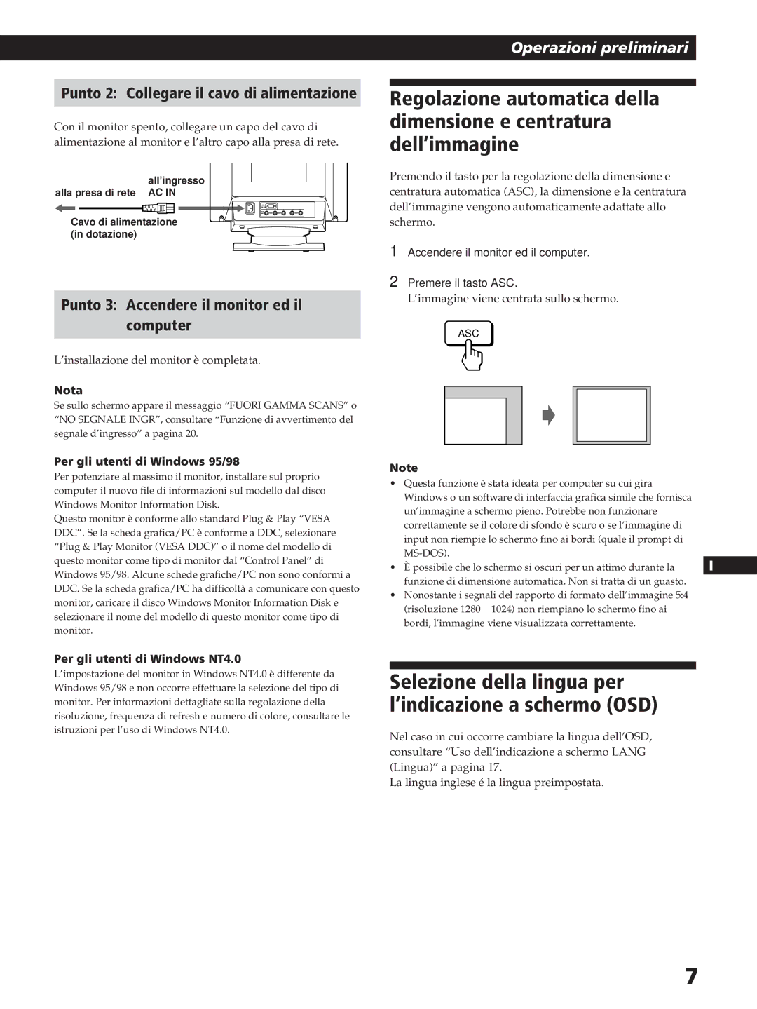 Sony GDM-200PST manual Punto 2 Collegare il cavo di alimentazione, Punto 3 Accendere il monitor ed il Computer 