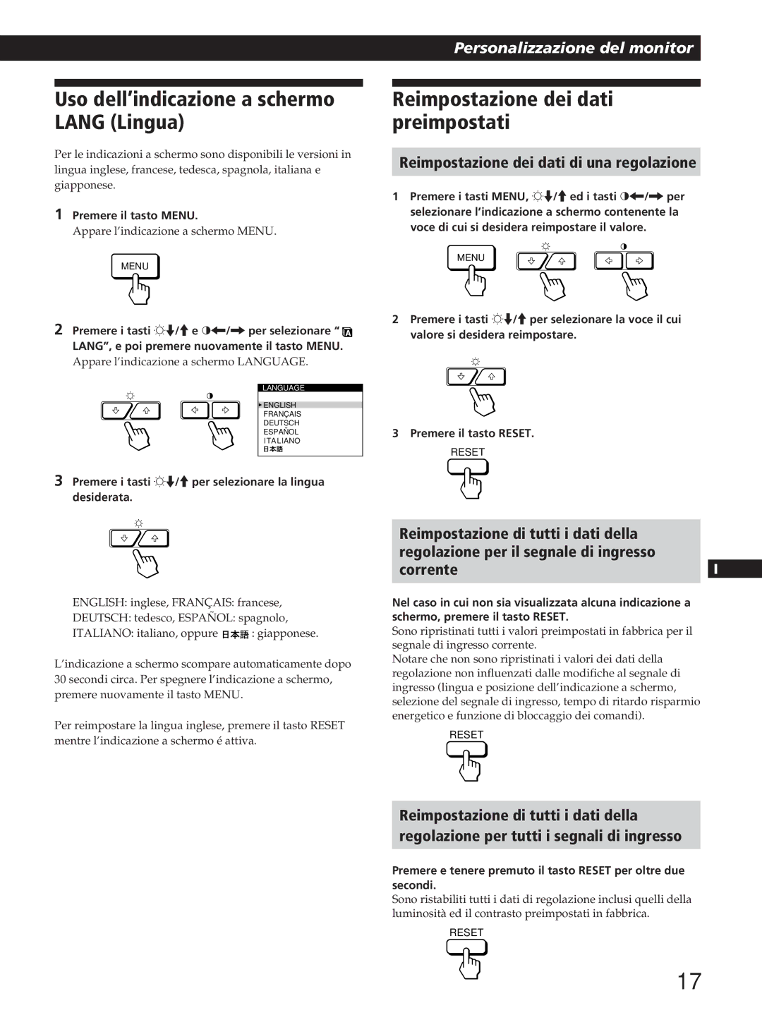 Sony GDM-200PST manual Uso dell’indicazione a schermo Lang Lingua, Reimpostazione dei dati preimpostati 