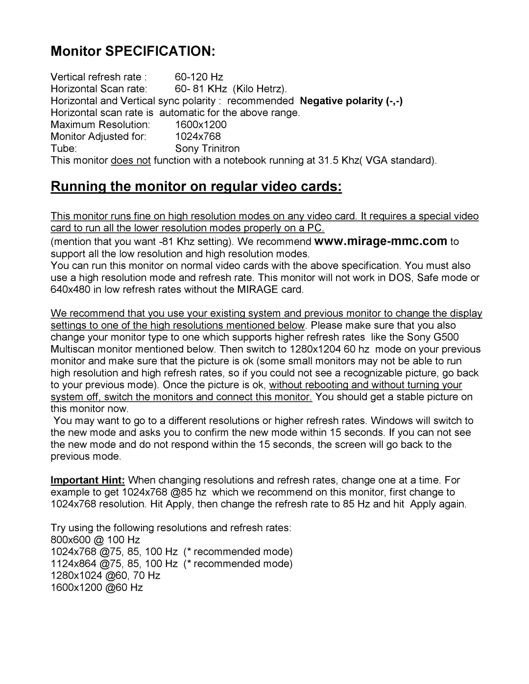 Sony GDM-20D10-15 installation manual Monitor Specification, Running the monitor on regular video cards 