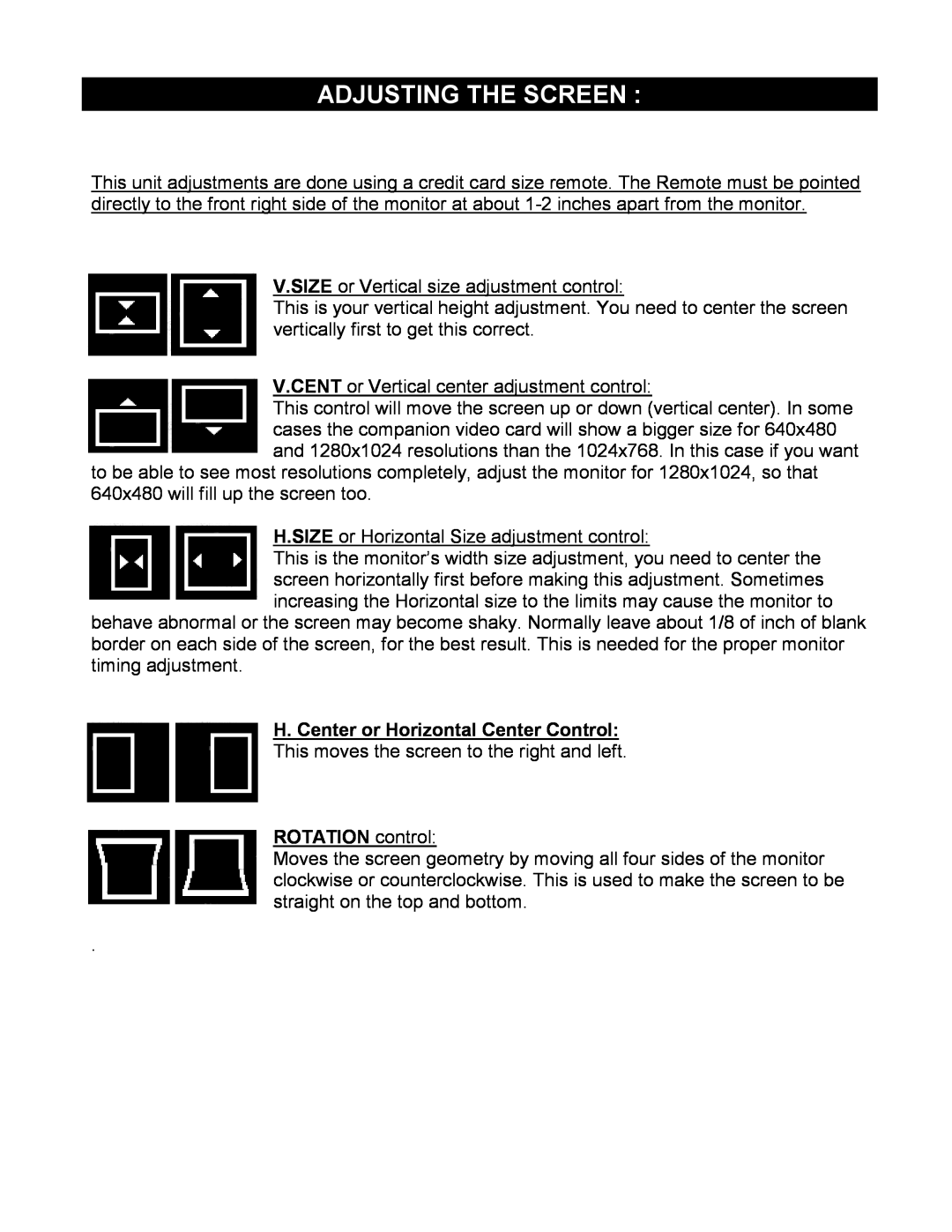 Sony GDM-20D10-15 installation manual Adjusting The Screen, H. Center or Horizontal Center Control, ROTATION control 