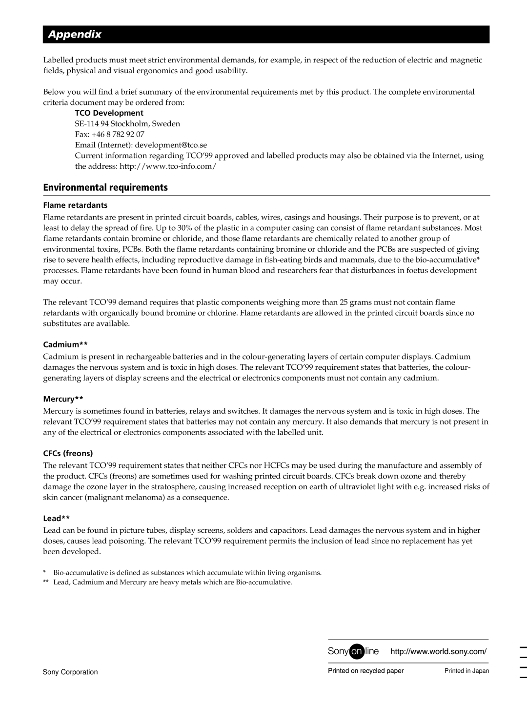 Sony GDM-400PST9 manual Environmental requirements 