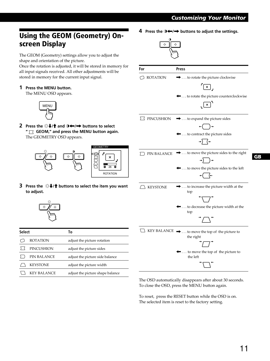 Sony GDM-400PST9 manual Using the Geom Geometry On- screen Display, Press the ?//buttons to adjust the settings ForPress 