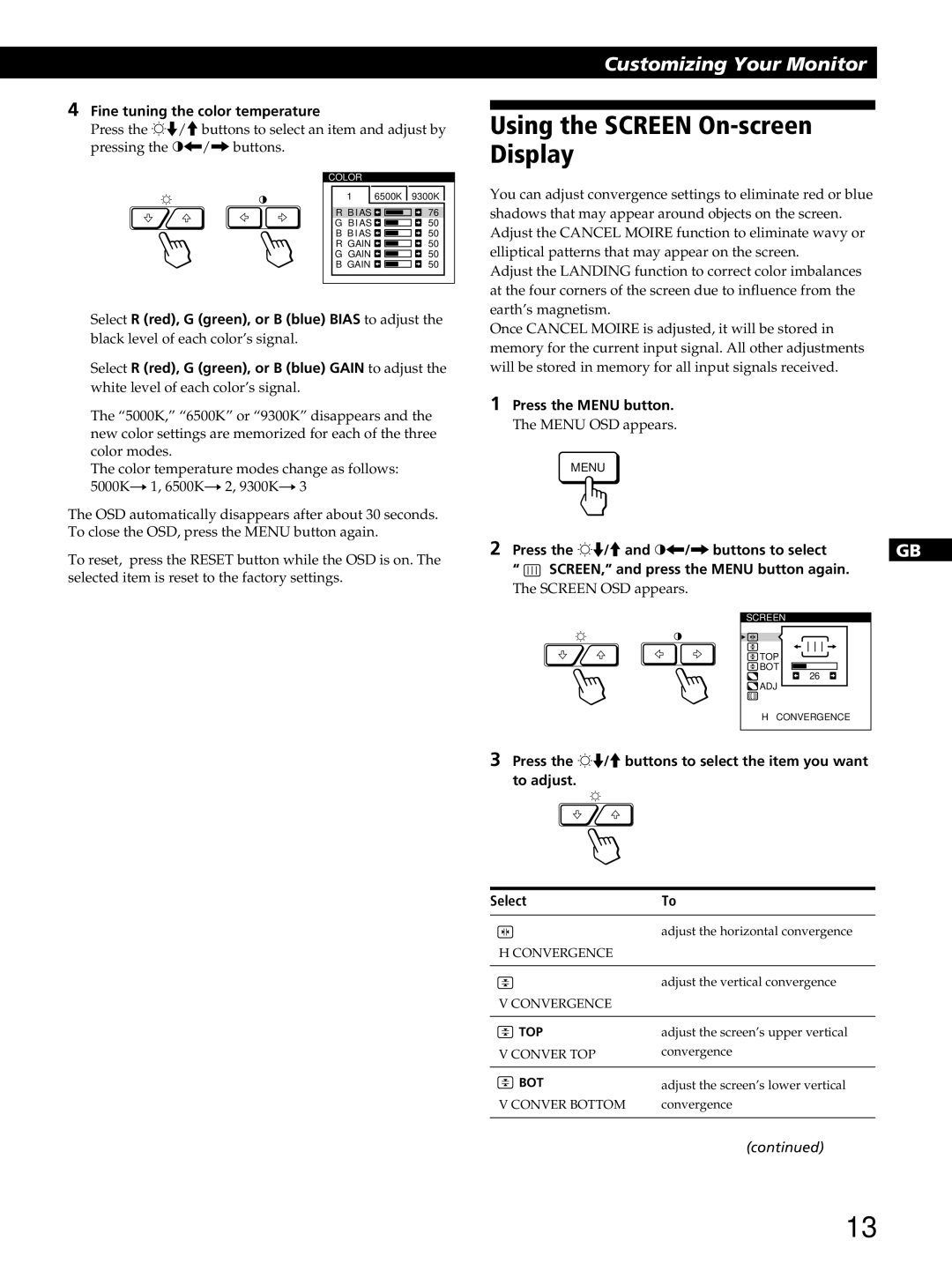 Sony GDM-400PST9 manual Using the Screen On-screen Display, Fine tuning the color temperature 