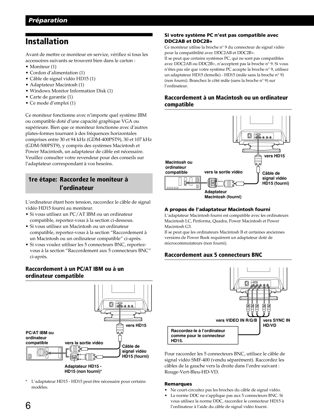 Sony GDM-400PST9 manual Installation, 1re étape Raccordez le moniteur à ’ordinateur, Raccordement aux 5 connecteurs BNC 