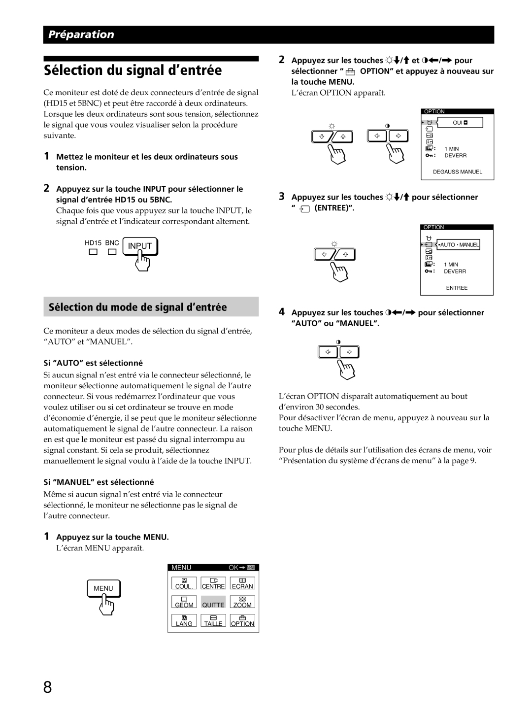 Sony GDM-400PST9 manual Sélection du signal d’entrée, Sélection du mode de signal d’entrée 