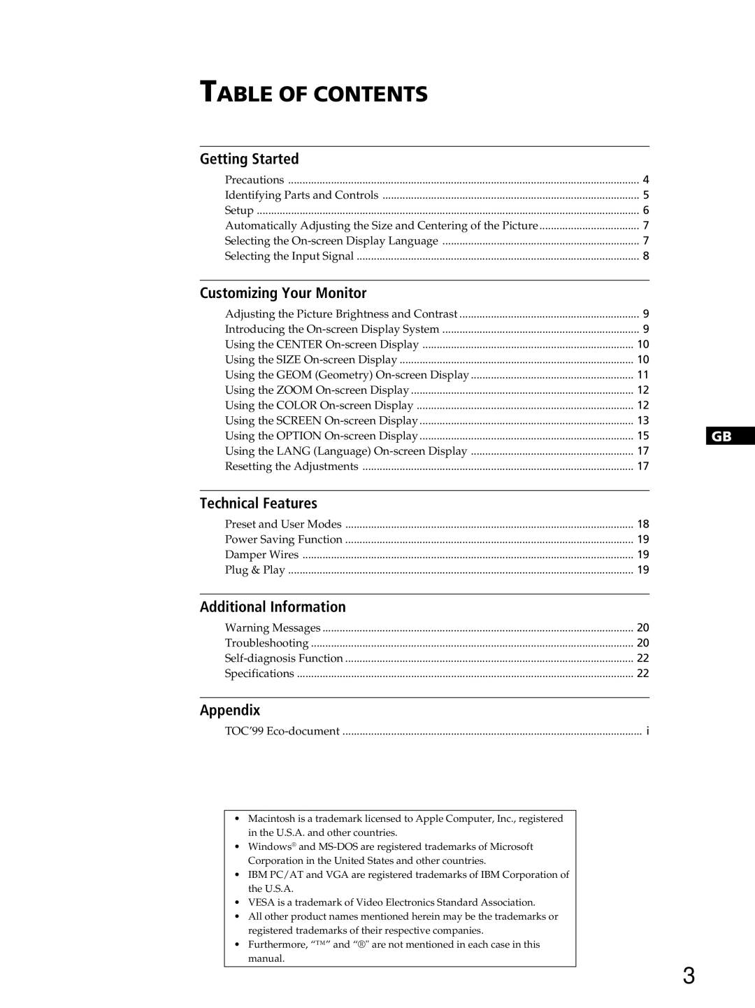 Sony GDM-400PST9 manual Table of Contents 