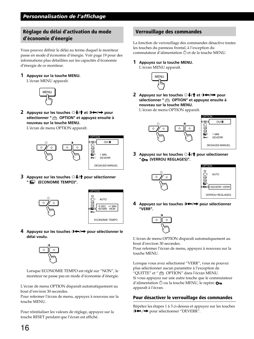 Sony GDM-400PST9 manual Réglage du délai d’activation du mode ’économie d’énergie, Verrouillage des commandes 