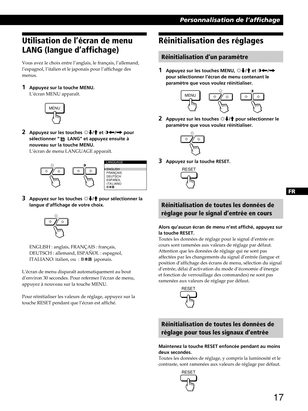 Sony GDM-400PST9 manual Réinitialisation des réglages, Réinitialisation d’un paramètre 