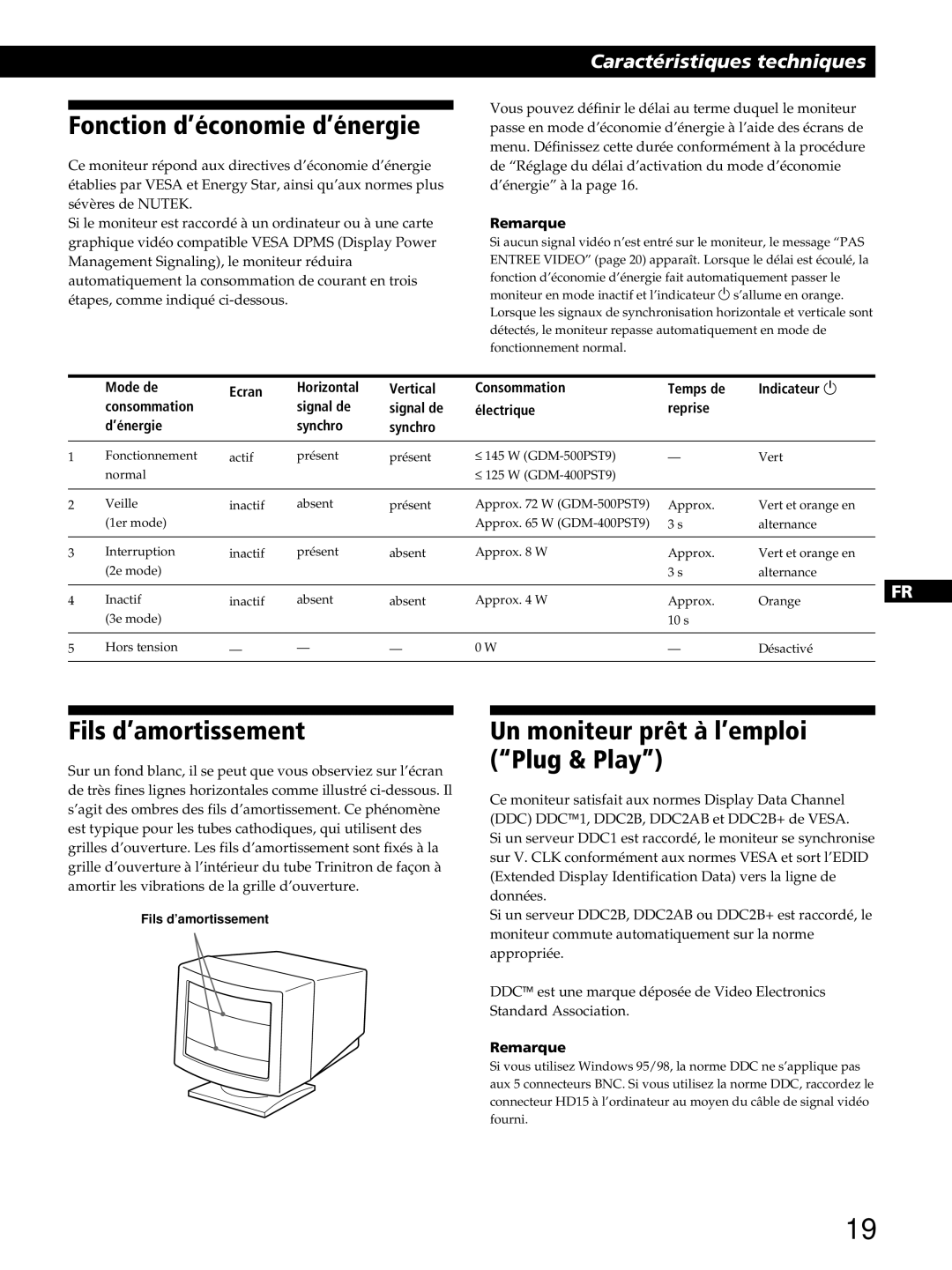 Sony GDM-400PST9 manual Fonction d’économie d’énergie, Fils d’amortissement, Un moniteur prêt à l’emploi Plug & Play 