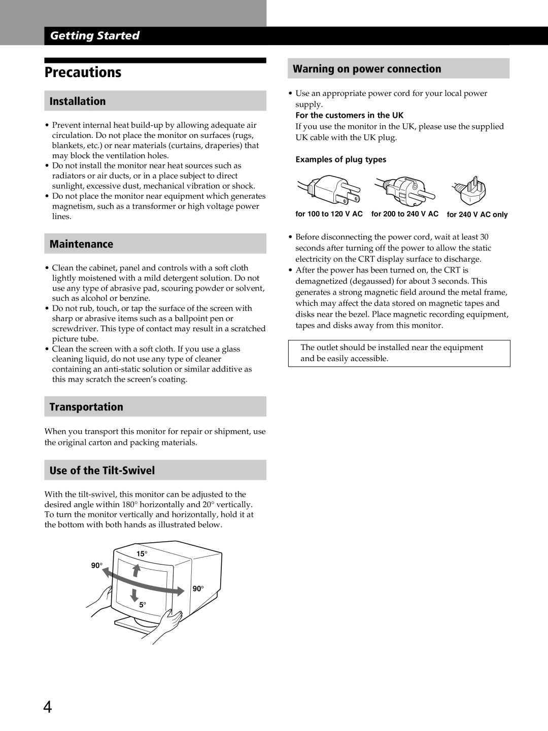 Sony GDM-400PST9 manual Precautions, Installation, Maintenance, Transportation, Use of the Tilt-Swivel 