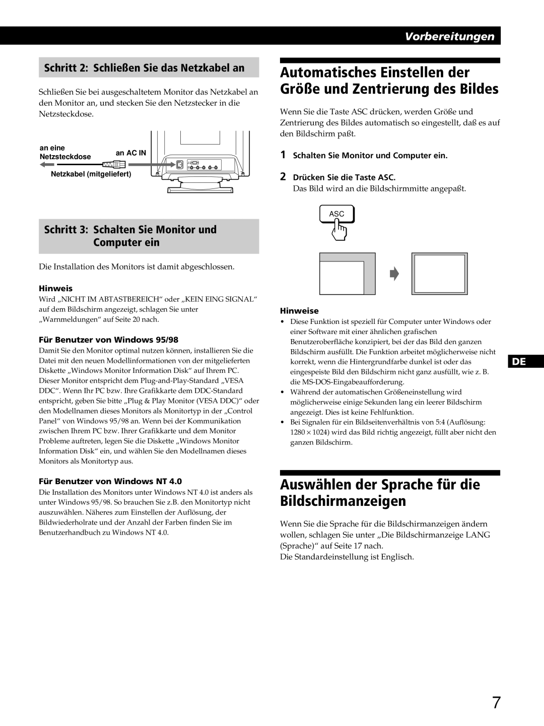 Sony GDM-400PST9 manual Auswählen der Sprache für die Bildschirmanzeigen, Schritt 2 Schließen Sie das Netzkabel an 