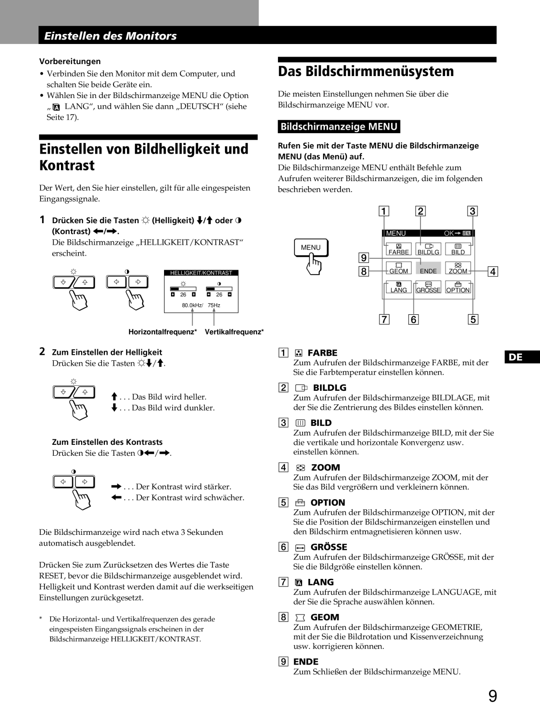 Sony GDM-400PST9 manual Das Bildschirmmenüsystem, Einstellen von Bildhelligkeit und Kontrast, Farbe 