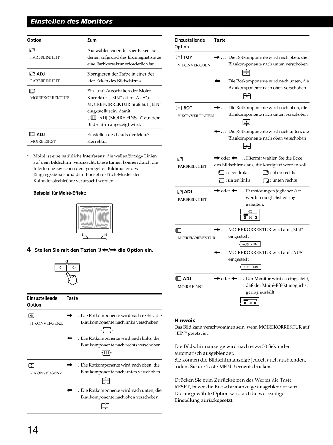 Sony GDM-400PST9 manual OptionZum, Stellen Sie mit den Tasten ?//die Option ein Einzustellende, Einzustellende Taste Option 