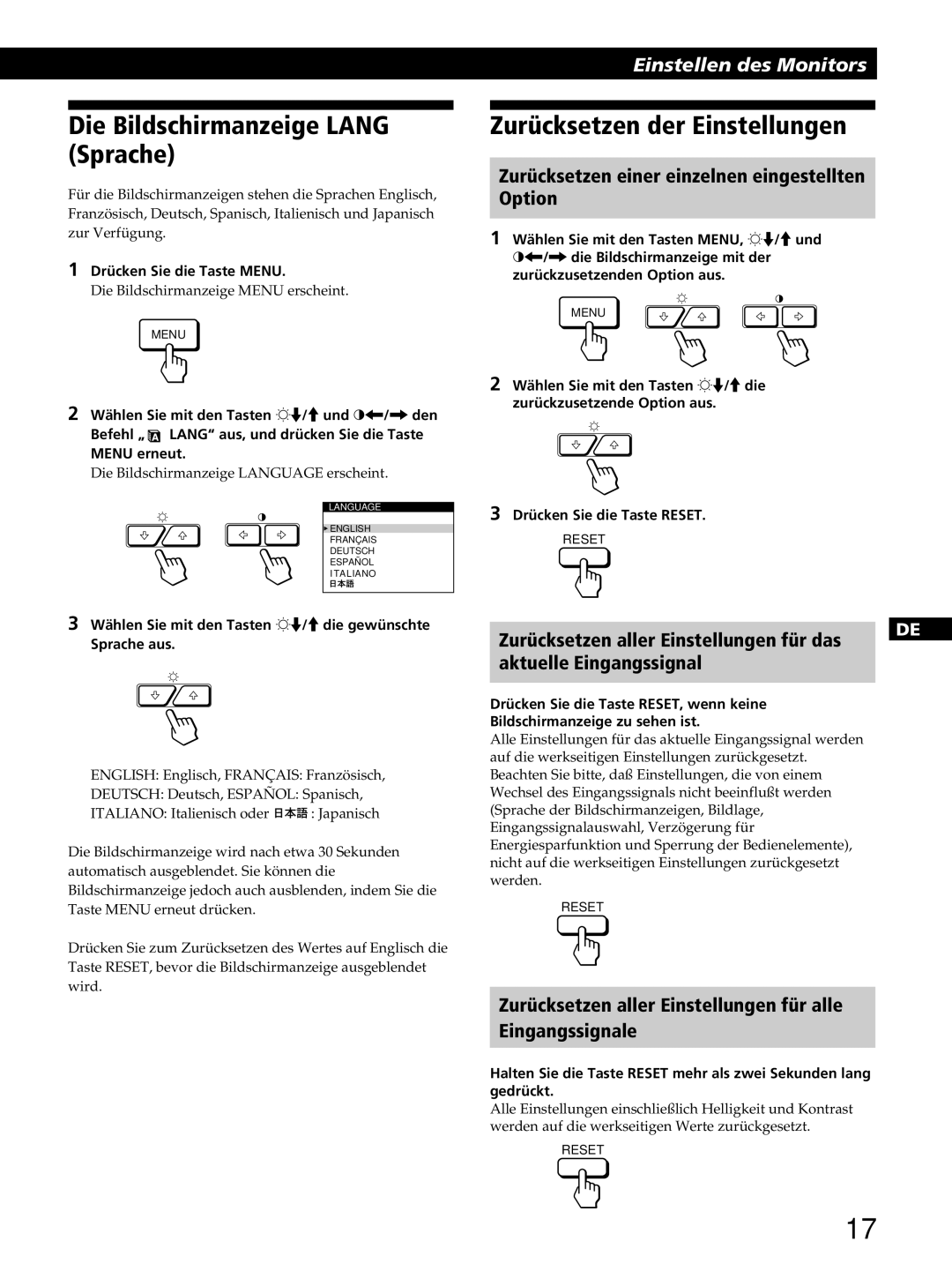 Sony GDM-400PST9 manual Die Bildschirmanzeige Lang Sprache, Zurücksetzen der Einstellungen, Option 